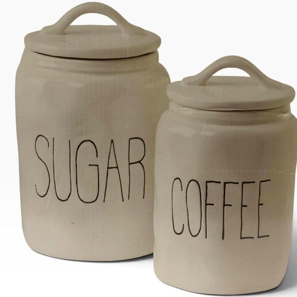 3 Piece Ceramic Sugar Coffee Tea Canister Set Cream Farmhouse Kitchen Storage